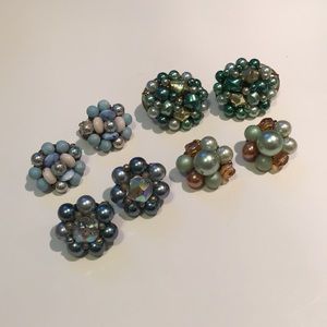 Set of 4 Blue/Green Vintage Beaded ClipOn Earrings